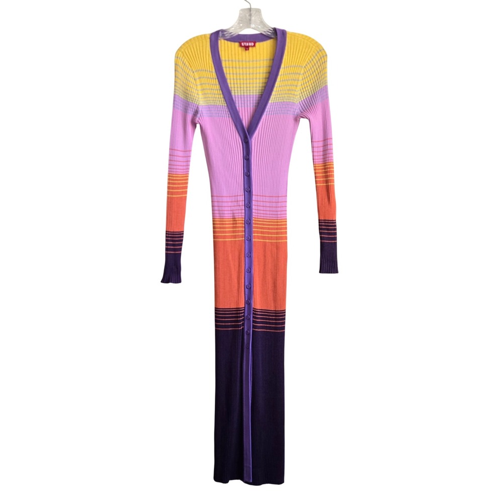 Staud S Shoko Cardigan Dress Womens Multicolor Excellent Ribbed Knit Maxi Stripe